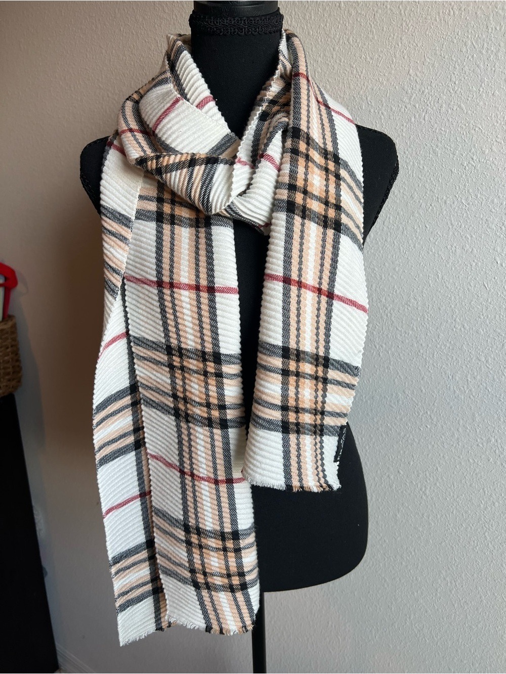 Fraas Plaid Ribbed Knit Scarf Cream Tan Black Red Stripe One Size OS
